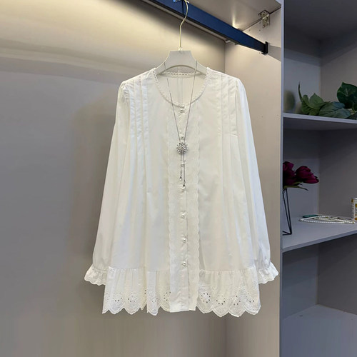 镂空底摆圆领长袖衬衫