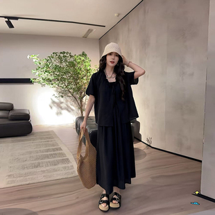 胖MM减龄V领荷叶边短袖上衣打底吊带裙加肥大码女装夏季款两件套