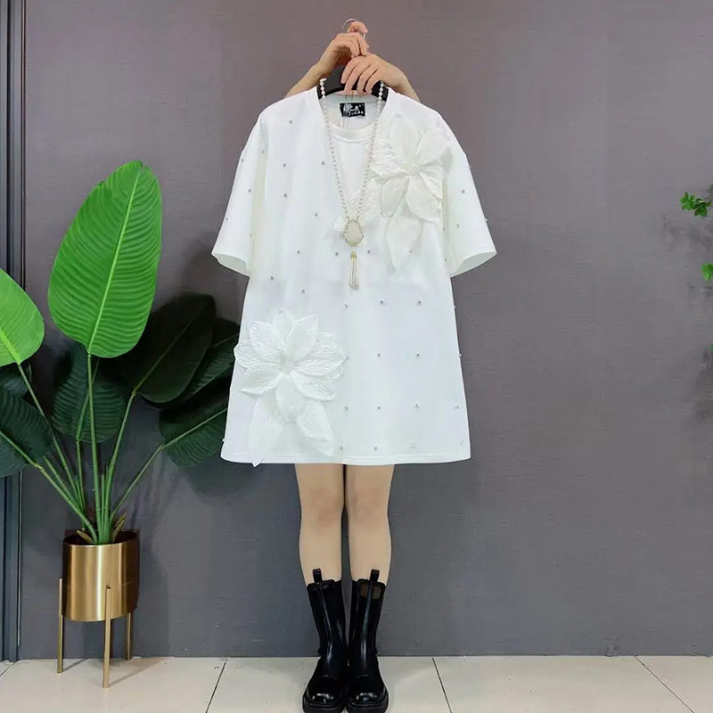 胖妹妹立体花圆领短袖T恤衫宽松遮肚子大码女装韩版减龄休闲上衣