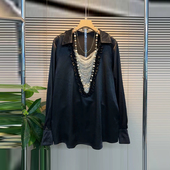 气质设计感时尚 加大码 宽松上衣 衬衫 胖妹妹韩版 女装 串珠链条领长袖