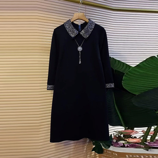 赫本风中长款 加肥亮钻翻领长袖 法式 款 胖妹妹小黑裙 连衣裙2024秋季