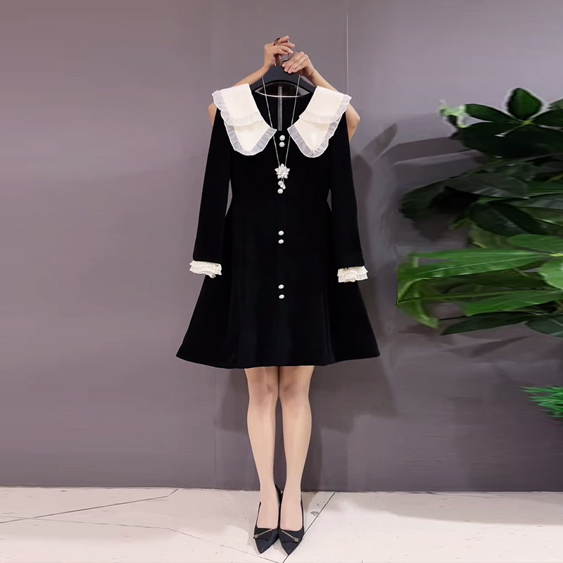 拼色娃娃领长袖连衣裙