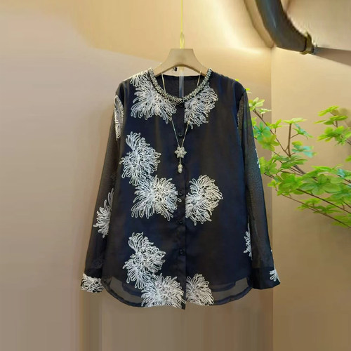 亮钻领拼色花朵长袖上衣