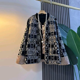 胖MM加肥拼色袖口格子花朵国风外套加肥大码女装复古风秋季款上衣