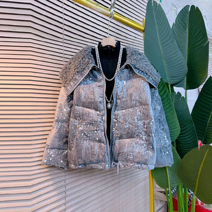 款 大码 棉服胖妹妹设计感冬季 毛毛披肩领亮钻长袖 欧货洋气外套 女装