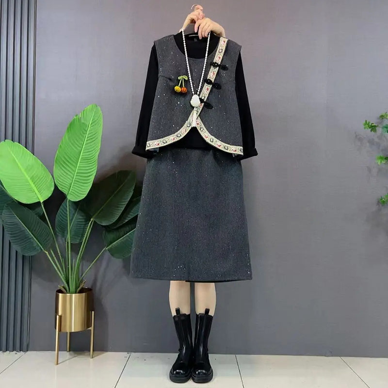 斜襟拼色边马甲长袖打底衫半身裙