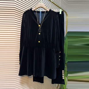 松紧腰宽松遮胯长裤 大码 收腰黑色显瘦上衣胖妹妹韩版 V领长袖 女装