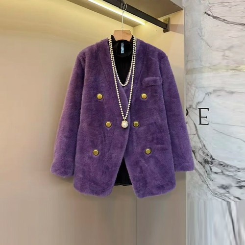 胖妹妹V领长袖开衫毛毛外套