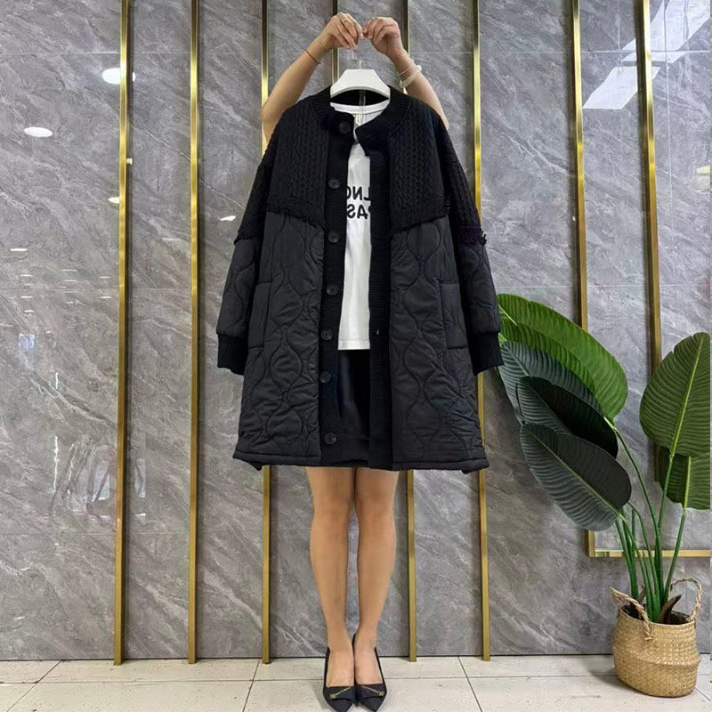 大码女装立领针织肩中长款棉服外套胖妹妹2026早冬新款轻薄棉上衣