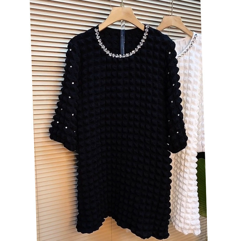 大码女装个性设计加肥中长款纯色裙子胖MM圆领烫钻泡泡格棉连衣裙,女装/女士精品,大码连衣裙,淘宝优惠券,粉丝福利购,淘宝优惠卷