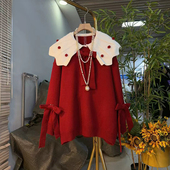 加肥大码 红色百搭卫衣 上衣胖妹妹新年款 女装 立体蝴蝶结娃娃领长袖