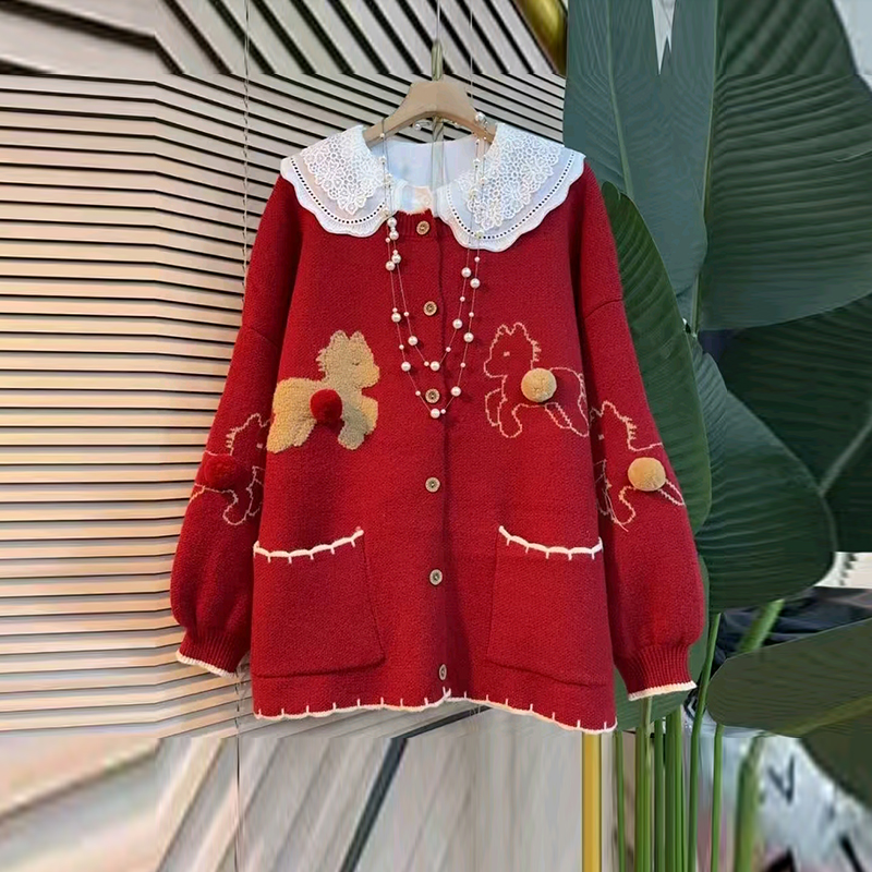 蕾丝娃娃领长袖衬衫针织毛衣