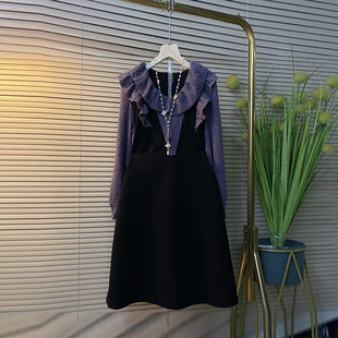 中长款 胖妹妹荷叶肩植绒长袖 韩版 女装 淑女裙 拼色假两件连衣裙大码