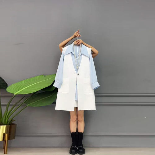 翻领长袖衬衫V领中长款马甲