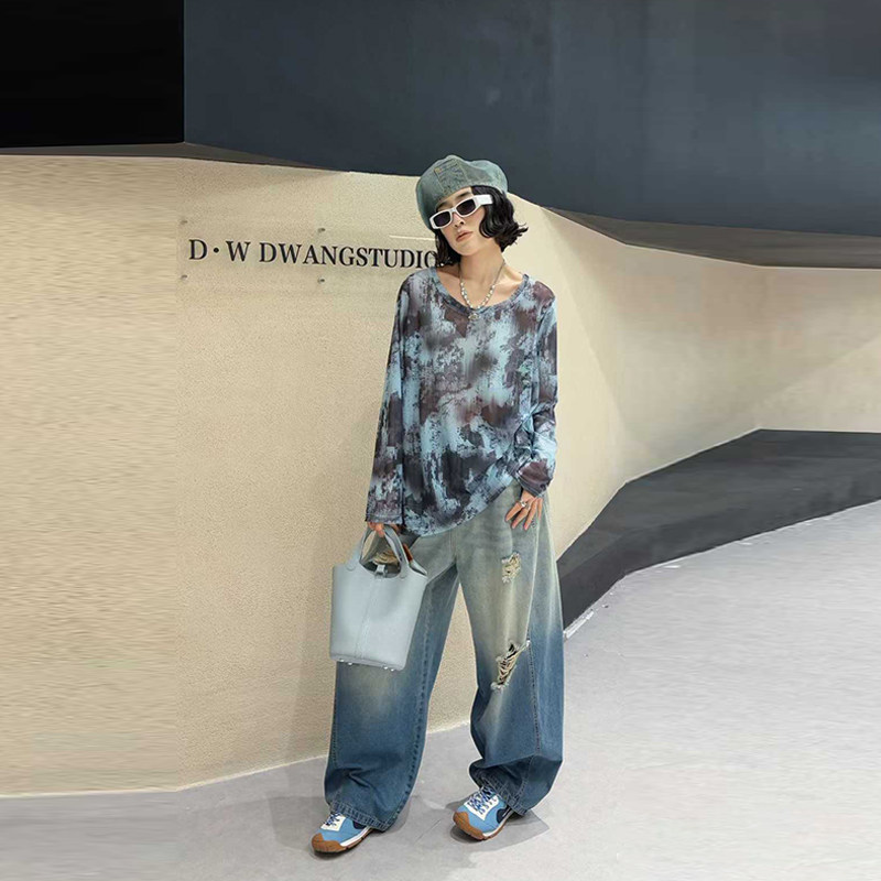 加大码女装扎染图案长袖上衣胖妹妹宽松遮胯破洞拉丝阔腿牛仔长裤