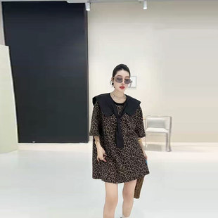 加肥拼色披肩领短袖 豹纹假两件上衣宽松遮肚子胖妹妹减龄欧货卫衣