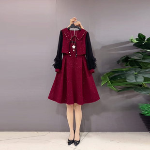 加肥翻领拼色长袖收腰连衣裙胖妹妹气质长款轻熟风显瘦秋冬款裙子