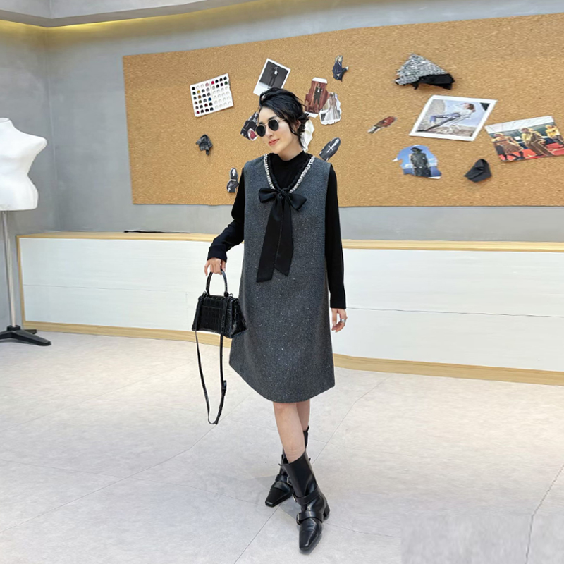 高领长袖打底衫两件套V领马甲裙