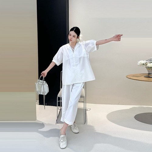 松紧腰荷叶边裤脚九分裤短袖上衣