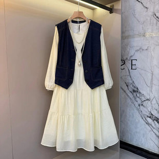 连衣裙胖妹妹气质通勤风显瘦两件套 减龄V领马甲长款 加肥大码 女装