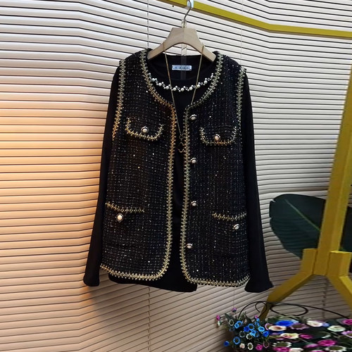 加肥大码女装2024新款开衫小香风马甲胖妹妹领口钉珠长袖T恤衫潮