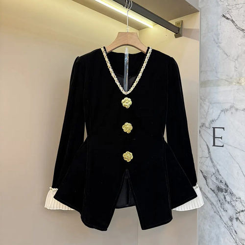 大码女装拼色V领花朵纽扣上衣