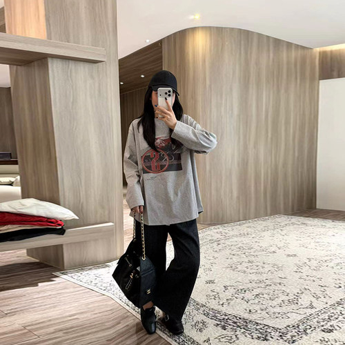大码女装拼色图案长袖上衣