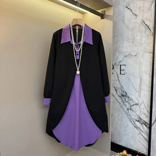 胖妹妹拼色翻领假两件衬衫裙