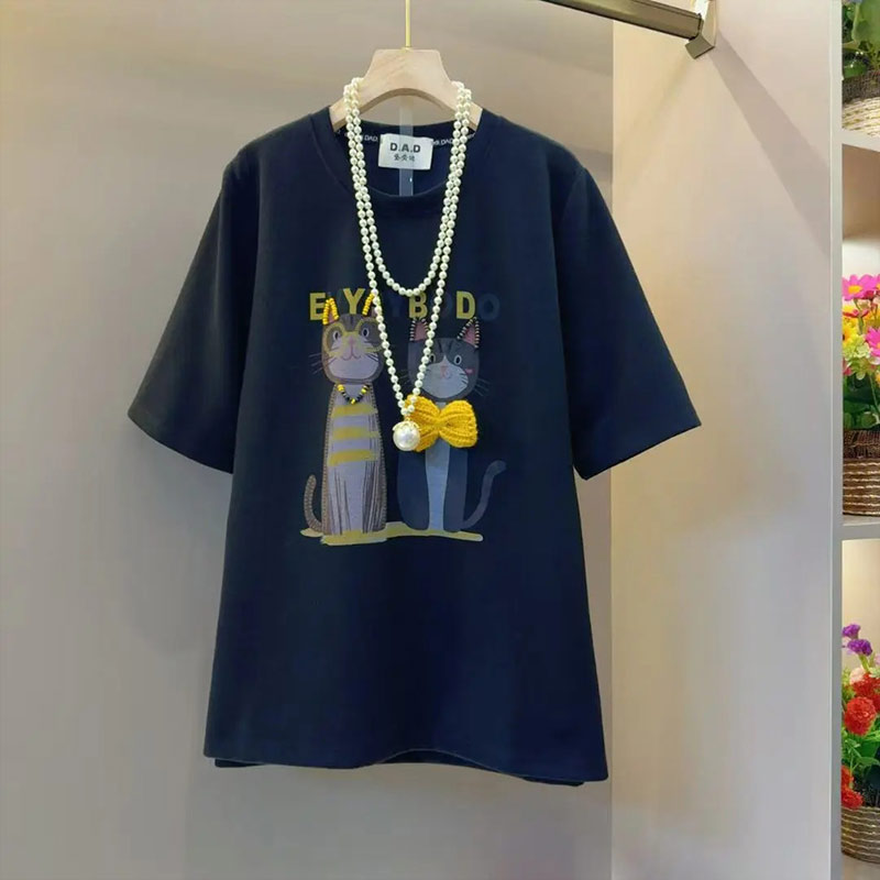 加肥圆领短袖卡通图案T恤衫