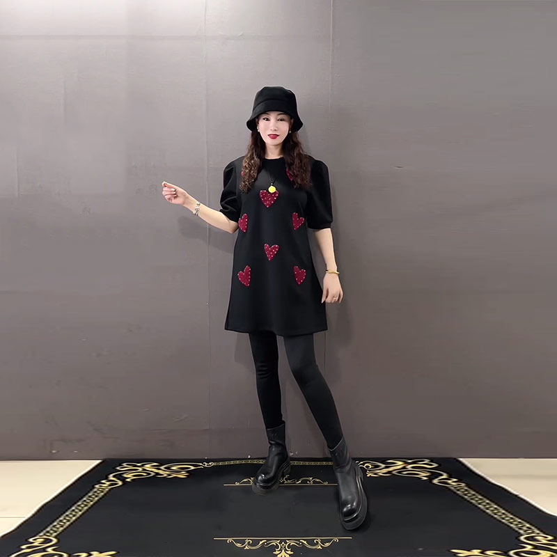 泡泡肩亮钻爱心短袖T恤裙裙子