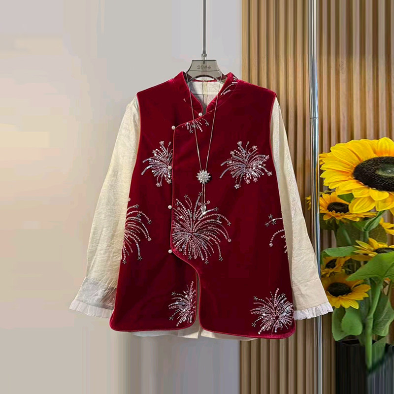 加肥女立领亮钻刺绣国风马甲胖妹妹韩版减龄百搭拼荷叶边袖口小衫