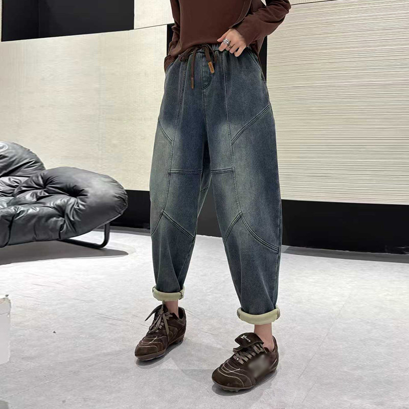 加肥紧腰压线哈伦牛仔加绒裤子2025秋冬款欧货洋气大码女装休闲裤,女装/女士精品,大码裤装,淘宝优惠券,粉丝福利购,淘宝优惠卷