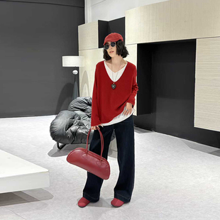 韩版 胖妹妹拼色V领长袖 女装 大码 纯色简约宽松百搭休闲上衣 针织衫