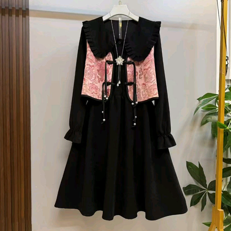 胖妹妹流苏扣花纹马甲娃娃领长袖连衣裙大码女装复古风显瘦两件套,女装/女士精品,大码套装,淘宝优惠券,粉丝福利购,淘宝优惠卷