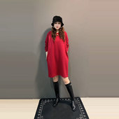 女装 圆领净版 中长款 大码 T恤裙胖MM纯色简约宽松长袖 遮肚子连衣裙