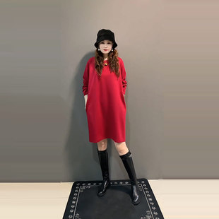 T恤裙胖MM纯色简约宽松长袖 大码 中长款 圆领净版 遮肚子连衣裙 女装