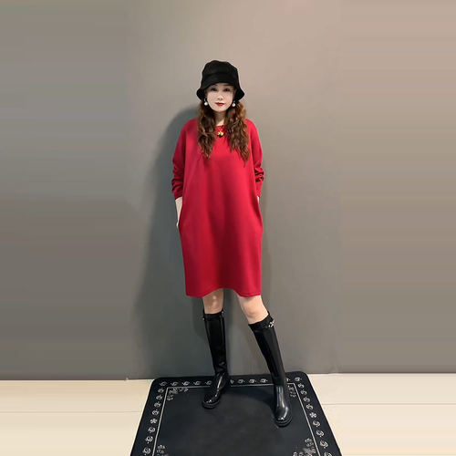 大码女装圆领净版中长款T裙