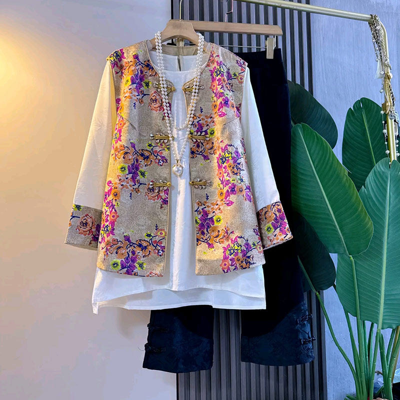 加肥亮钻盘扣花朵国风马甲拼色袖口小衫两件套胖妹妹暗花裤脚裤子,女装/女士精品,大码套装,淘宝优惠券,粉丝福利购,淘宝优惠卷