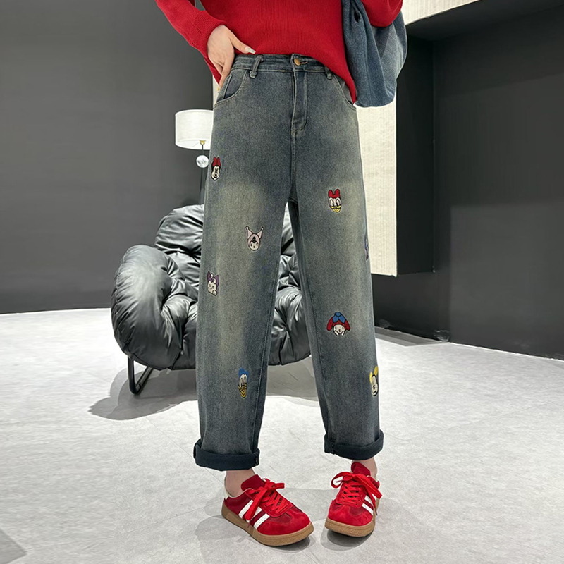 大码女装卡通图案加绒牛仔裤