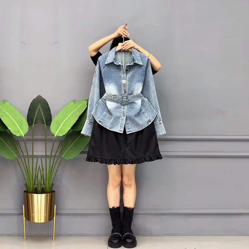 加大码女装翻领腰带牛仔衬衫胖妹妹欧洲站时尚减龄荷叶边底摆皮裙,女装/女士精品,大码内搭,淘宝优惠券,粉丝福利购,淘宝优惠卷