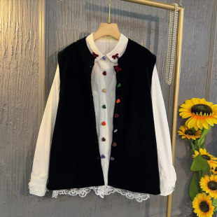 女装 蕾丝底摆衬衫 爱心纽扣丝绒马甲胖妹妹韩版 翻领长袖 秋冬款 大码