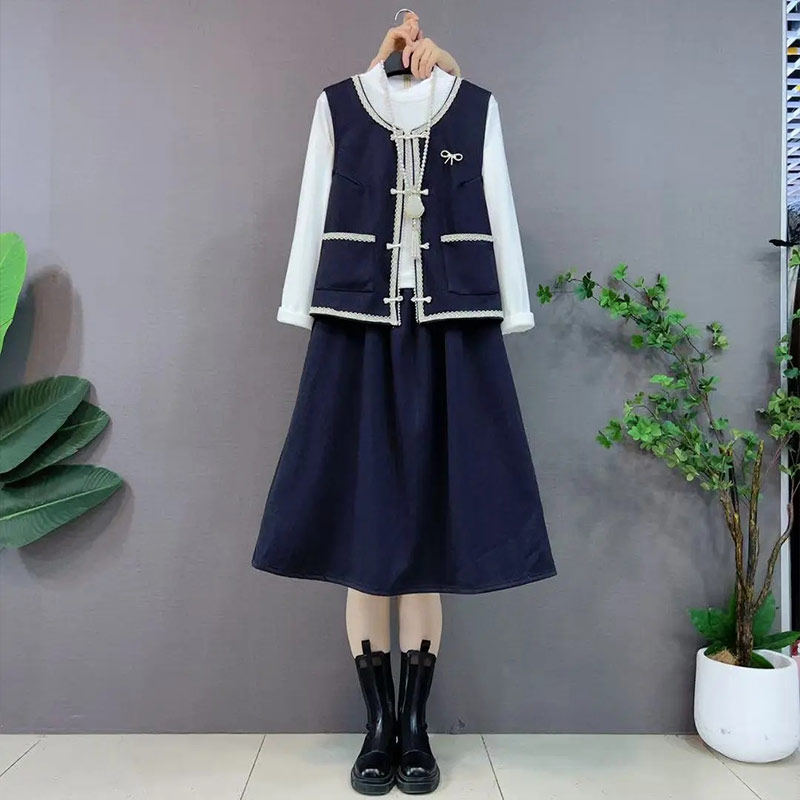 加大码女装圆领盘扣拼色边马甲长袖打底衫半身裙胖妹妹显瘦三件套,女装/女士精品,大码套装,淘宝优惠券,粉丝福利购,淘宝优惠卷