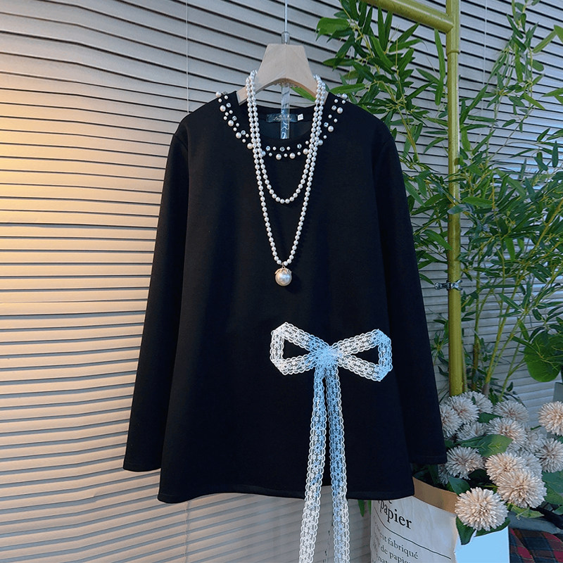 加肥钉珠领拼蕾丝条长袖上衣胖妹妹欧洲站宽松遮肚子百搭显瘦卫衣,女装/女士精品,大码内搭,淘宝优惠券,粉丝福利购,淘宝优惠卷