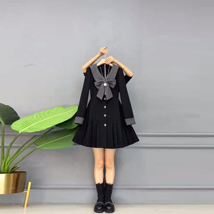 胖MM加肥蝴蝶结拼色V领收腰长袖连衣裙大码女装韩版气质显瘦裙子