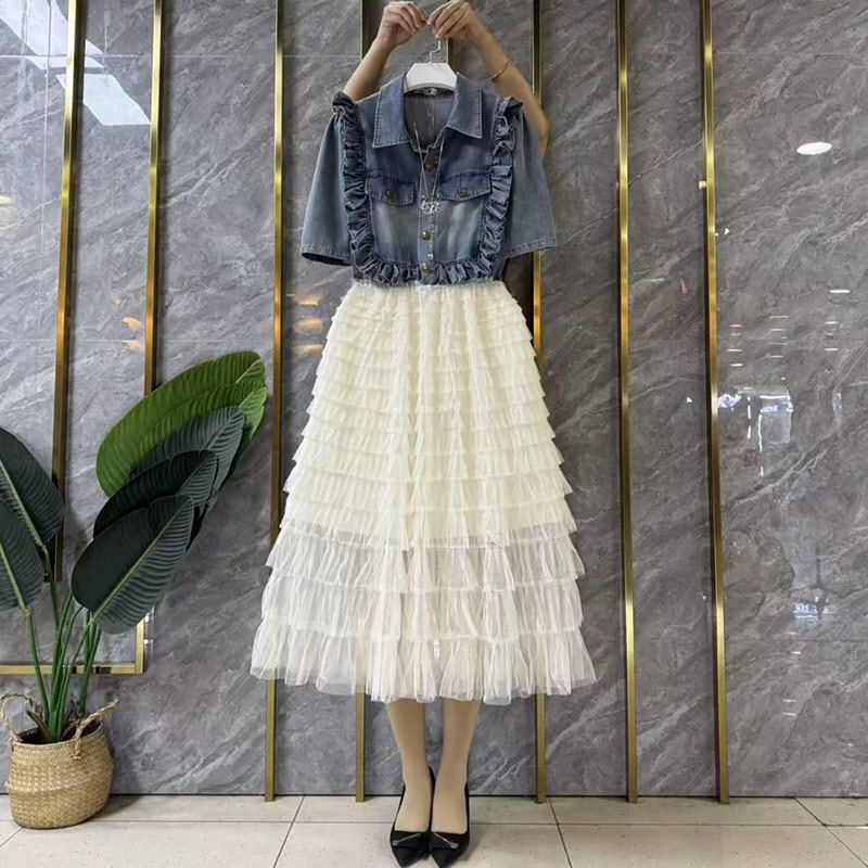 加大码女装翻领荷叶肩牛仔上衣拼色蛋糕裙摆连衣裙轻熟风洋气长裙