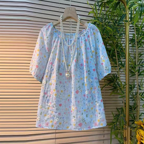 大码女装圆领短袖碎花小衫
