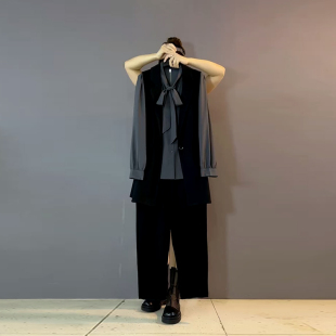 大码女装西服马甲立领系带长袖打底衫黑色裤子胖妹妹通勤风三件套