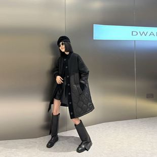 2025秋冬款 女装 简约轻薄棉服 外套大码 加肥拼接菱形格加棉底摆长袖