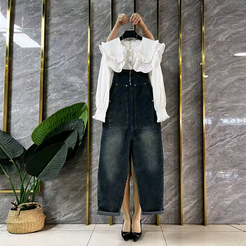 加大码女装双大兜背带牛仔裤胖妹妹学院风减龄百搭娃娃领长袖衬衫