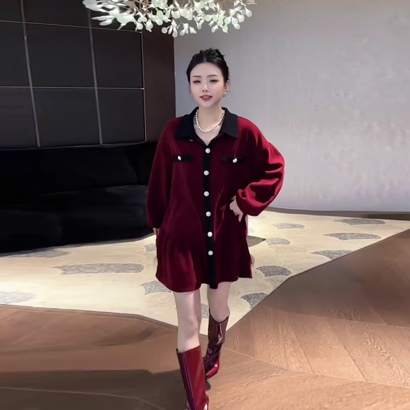 大码女装拼色翻领长袖大衫